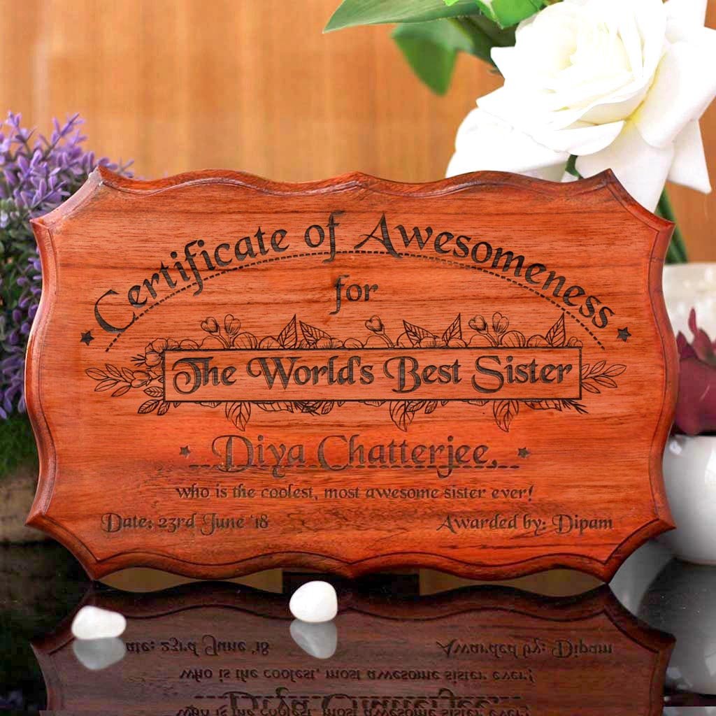 Personalized World&#39;s Best Sister Certificate - Greatest Sister Award Certificates - Unique Gifts for Sister - Rakhi &amp; Birthday Gifts - Custom Wooden Certificates by Woodgeek Store