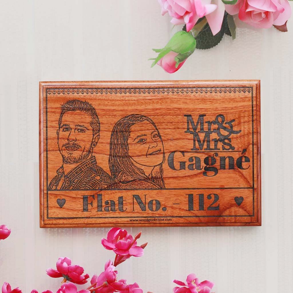 Photo Engraved Wooden Nameplate With Flat Number