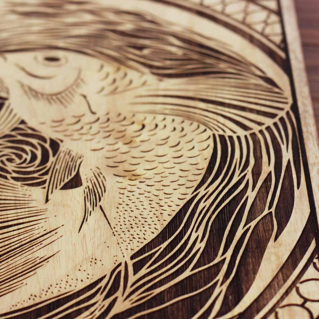 Wood Engraving - Pisces The Fish Carved Wooden Poster by Woodgeek Store - Zodiac Sign Wooden Artwork - Buy Wood Wall Art Decor Online 
