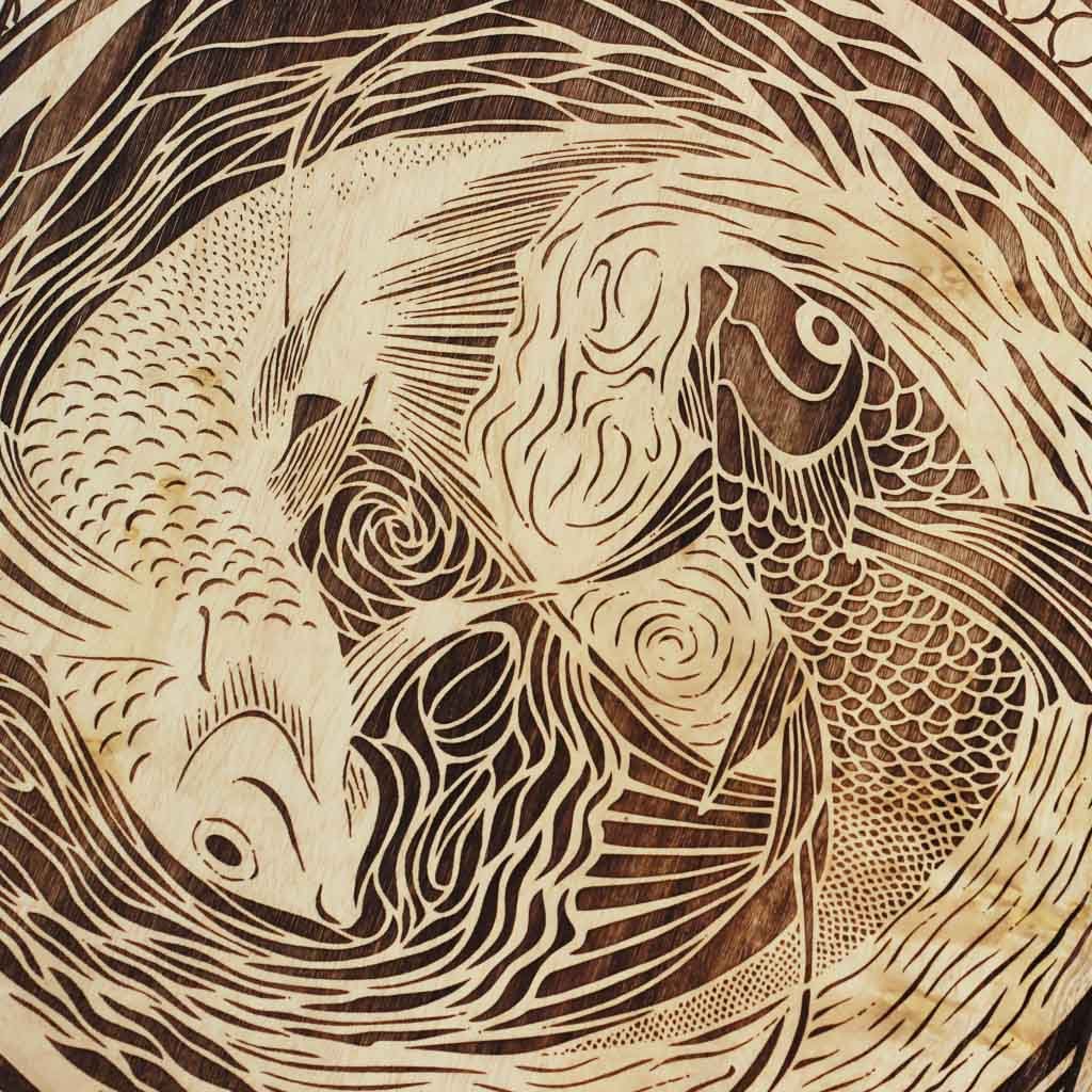 Wood Engraving - Pisces The Fish Carved Wooden Poster by Woodgeek Store - Zodiac Sign Wooden Artwork - Buy Wood Wall Art Decor Online 