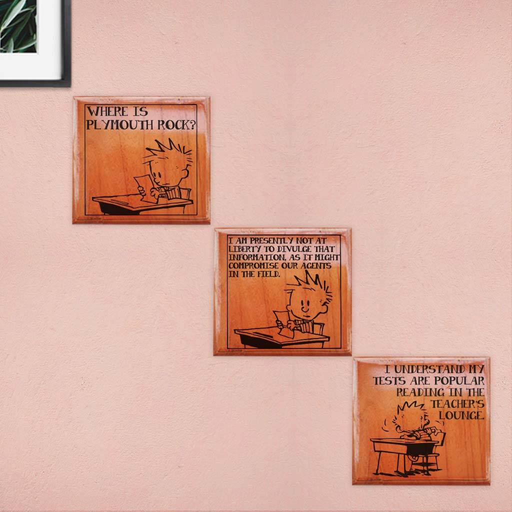 Test Paper - Where is Plymouth Rock? Calvin: I am presently not at liberty to divulge that information, as it might compromise our agents on the field. Calvin: I understand my tests are popular readings in the teacher&#39;s lounge. Calvin &amp; Hobbes Comic Strip Engraved On Wooden Crossword Blocks - Looking For Best Calvin &amp; Hobbes Merchandise? These Wooden Scrabble Tiles Make The Best Gifts for Comic Lovers