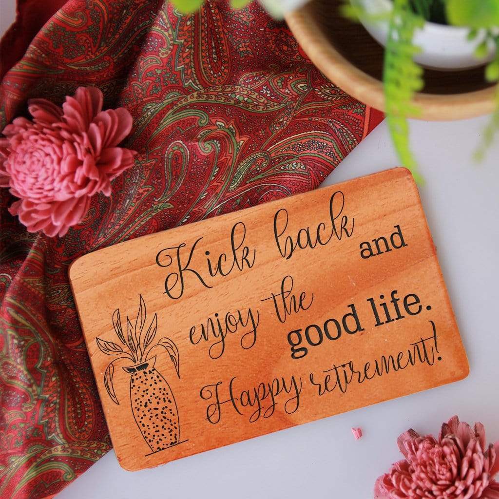 Retirement Greetings Engraved On Retirement Card. Send retirement wishes for boss, retirement wishes for father, retirement wishes for a friend, retirement wishes for coworker with personalized wooden cards