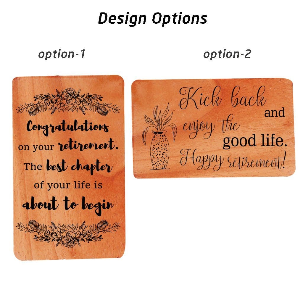 Retirement Greetings Engraved On Retirement Card. Send retirement wishes for boss, retirement wishes for father, retirement wishes for a friend, retirement wishes for coworker with personalized wooden cards