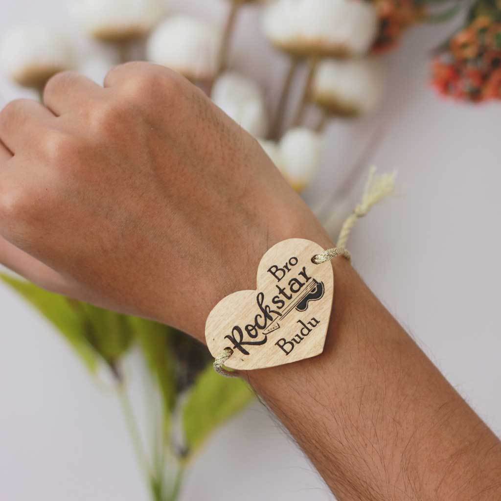 Rockstar Bro Personalised Rakhi and Raksha Bandhan Greeting Card - This Wooden Rakhi and Wooden Greeting Card Makes The Best Raksha Bandhan Gift Ideas - Buy The Best Online Gifts For Raksha Bandhan From The Woodgeek Store.