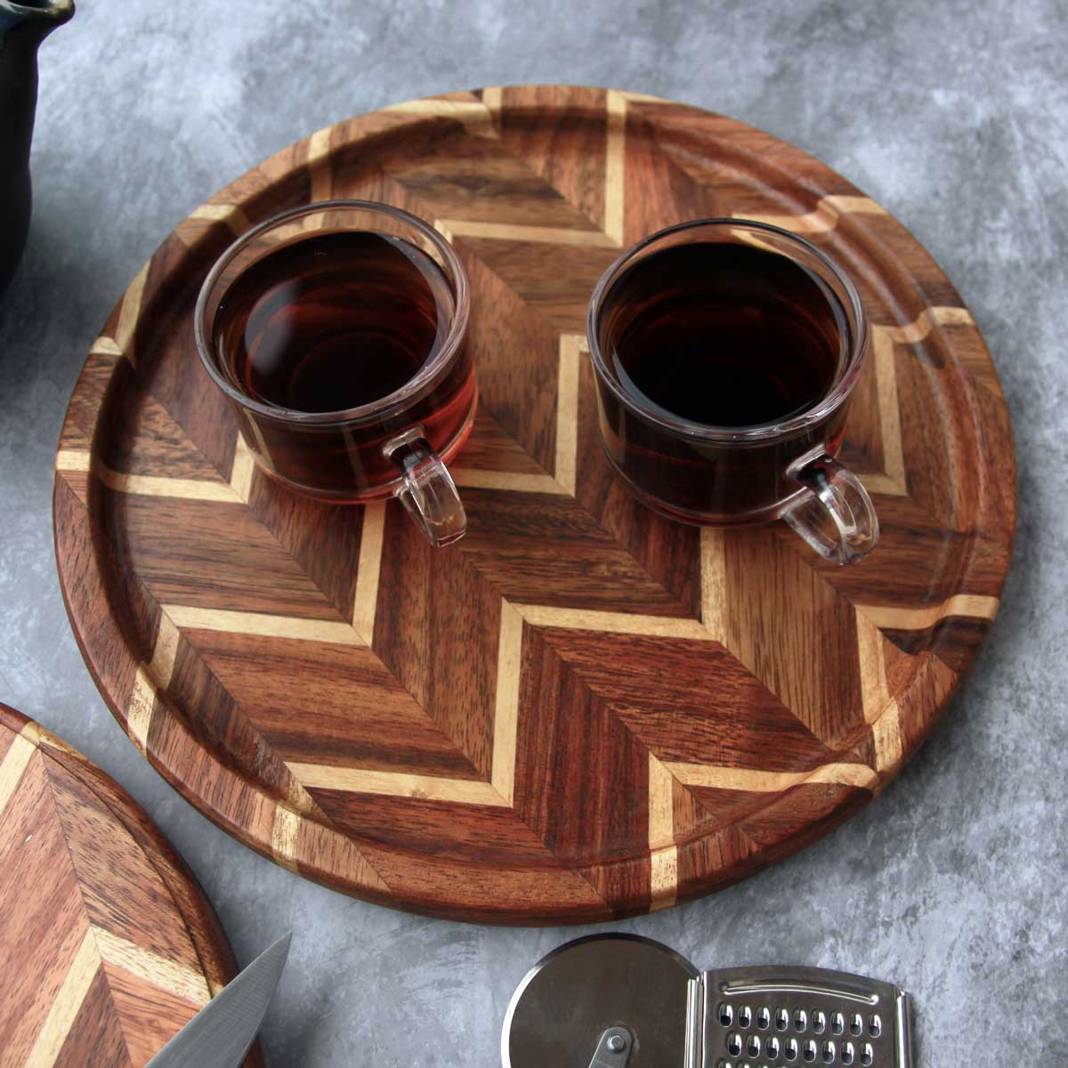 Round Chevron Wood Chopping Board &amp; Tray: Set of 2 | Birthday Gift Set