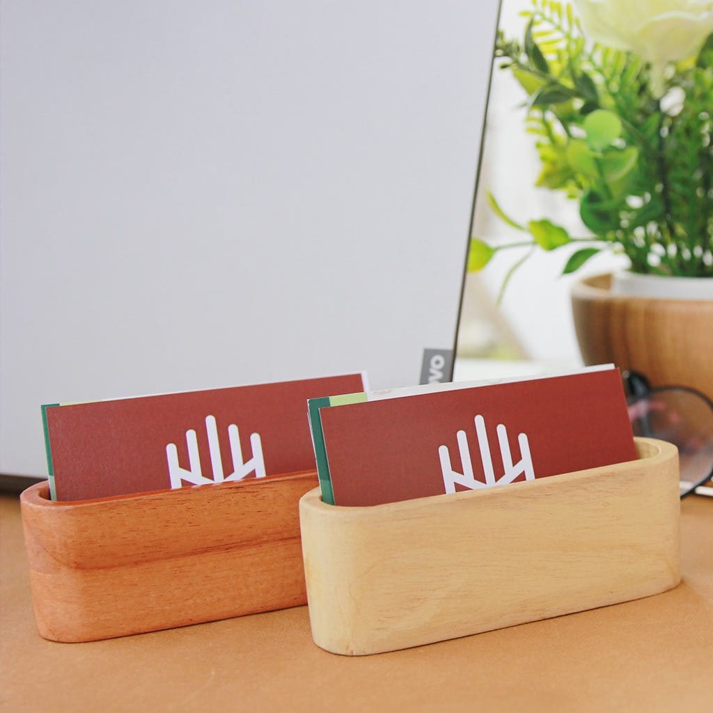 Set Of 2 Personalized Wooden Card Holders For Desk - This Unique Set Of Wooden Business Card Stand Makes Great Office Accessories - These Office Desk Decor Make Great Business Gifts For Colleagues And Employees.
