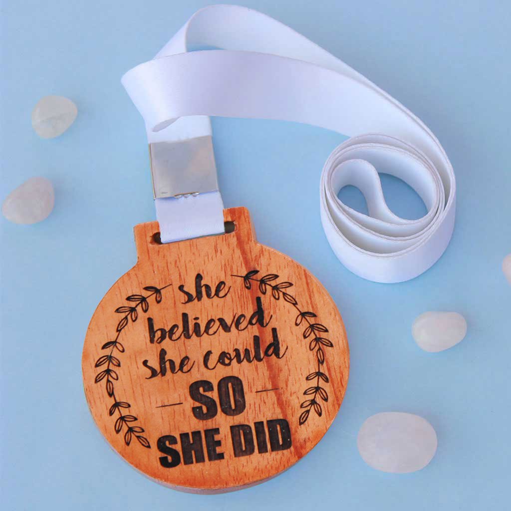 She Believed She Could, So She Did Wooden Medal - This Custom Medal Makes A Great Appreciation Award For Women - An Inspirational Gift for Women, This Is One Of The Best Gifts For Feminists.