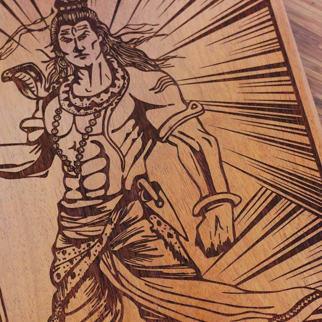 Wood Engraving - Shiva Carved Wooden Poster by Woodgeek Store - Hindu God Wooden Artwork - Indian God Destroyer of Evil Wood Wall Hanging - Buy Wood Wall Art Decor Online 
