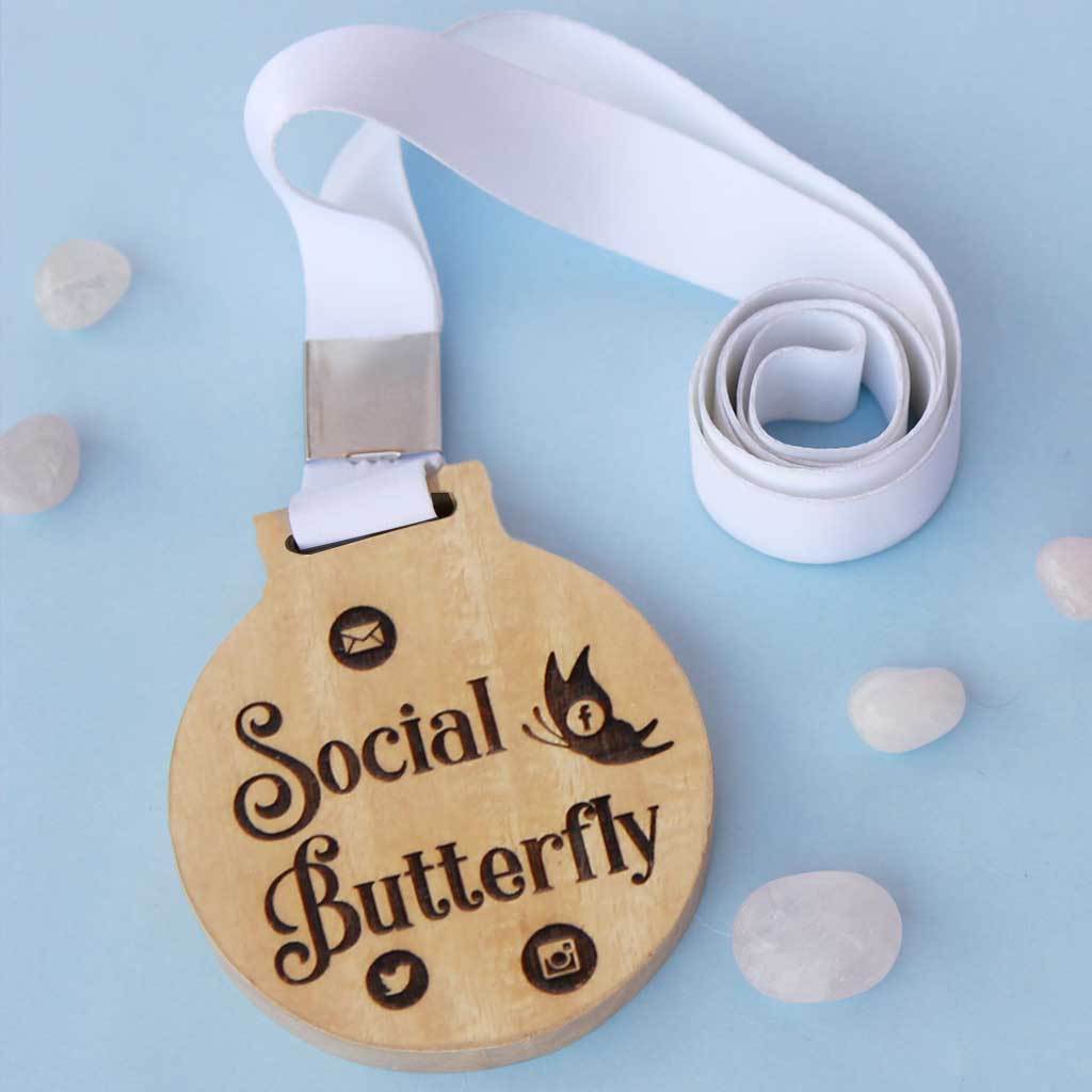 Social Butterfly Wooden Medal - This Engraved Medal Is A Funny Gift For A Friend - These Trophies And Medals Are Great Gifts for Friends Obsessed With Social Media.