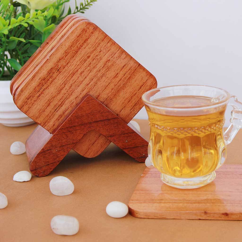 Square Wooden Coaster Set With Holder - Custom Coasters