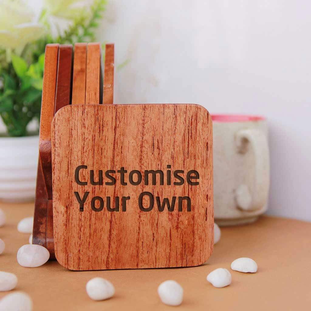 Custom Coasters. Personalised Coasters Engraved With Text. Wooden Coaster Set Of 6. Square Coasters. These Personalized Coasters Can Be Used As Tea Coasters, Coffee Coasters or other Drinks Coasters. Buy Coasters Online at Woodgeek Store.