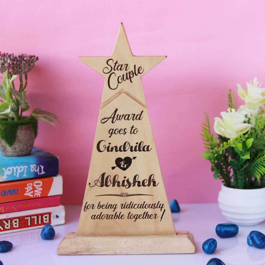 Star Couple Award for the world&#39;s best couple ever. This Custom Wooden Trophy makes best gifts for couples. This Star Trophy is also one of the most unique romantic gifts for couples.