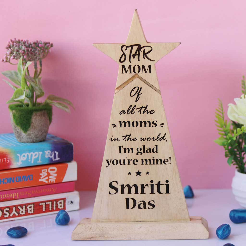 Star Mom Wooden Trophy. Custom trophies engraved with mom&#39;s name. This award standee is a great personalised gift for mom for Mother&#39;s Day or for mom&#39;s birthday.