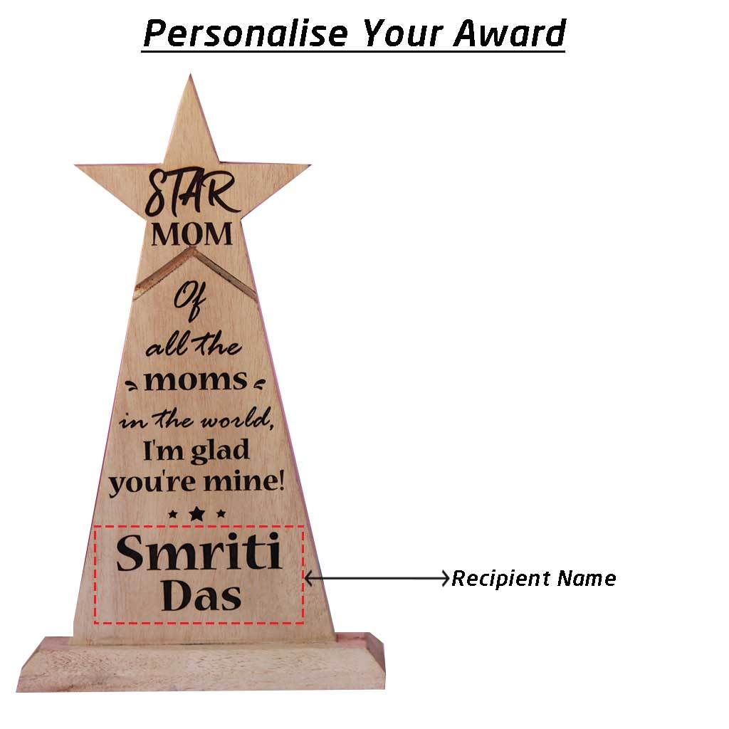 Star Mom Wooden Trophy. Custom trophies engraved with mom&#39;s name. This award standee is a great personalised gift for mom for Mother&#39;s Day or for mom&#39;s birthday.