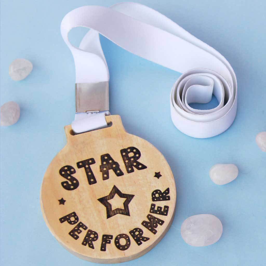 Star Performer Wooden Medal - This Wooden Medal Comes With A Ribbon - These Wooden Medals Make The Best Employee Appreciation Gifts