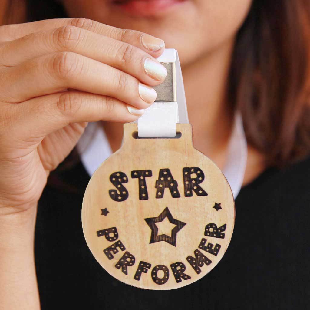 Star Performer Wooden Medal - This Wooden Medal Comes With A Ribbon - these Wooden Medals Make The Best Employee Appreciation Gifts