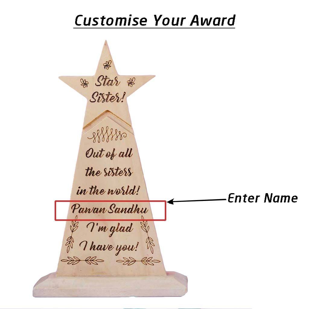 Star Sister Wooden Trophy - Custom Trophies Engraved With Your Sister&#39;s Name - This Award Standee Is A Great Personalised Gift For Sister For Rakhi And Best Birthday Gifts For Her.