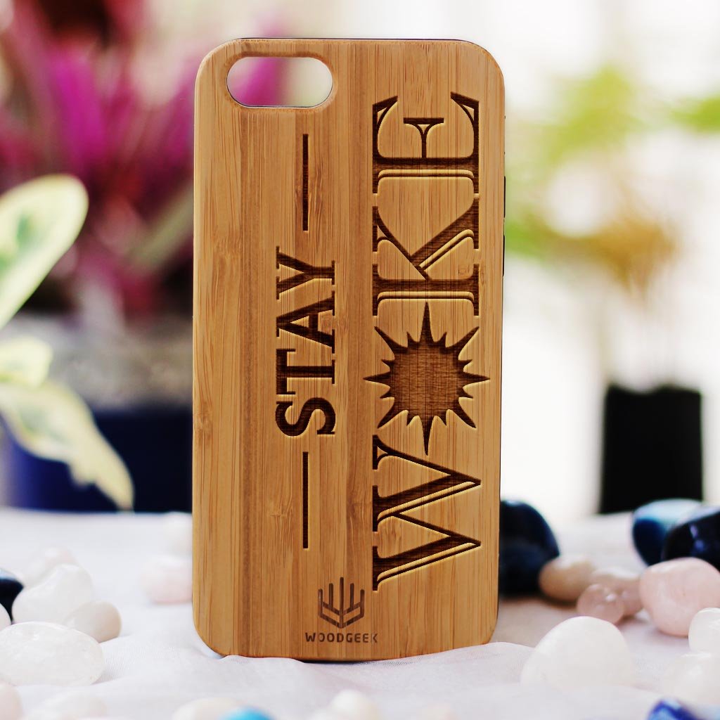 Stay Woke Wood Phone Case - Rosewood Phone Case - Engraved Phone Case - Fun Wood Phone Cases - Cool Wood Phone Covers - Woodgeek Store