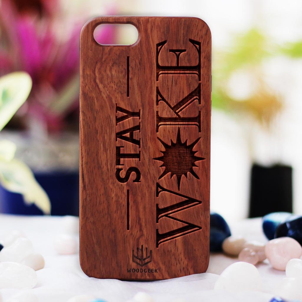 Stay Woke Wood Phone Case - Rosewood Phone Case - Engraved Phone Case - Fun Wood Phone Cases - Cool Wood Phone Covers - Woodgeek Store