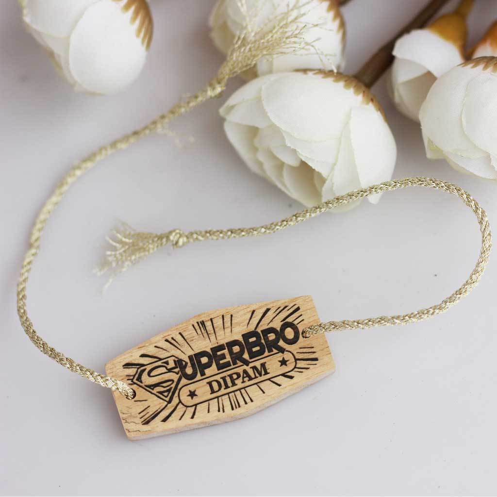 SuperBro Personalised Rakhi. This Wooden Rakhi and Wooden Greeting Card Is The Best Rakhi Gift for Brother. Buy Rakhi Online and send Rakhi online with Woodgeek Store.