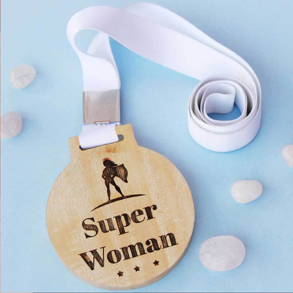 Superwoman Wooden Medal With Ribbon - A great Women's Day gift for her
