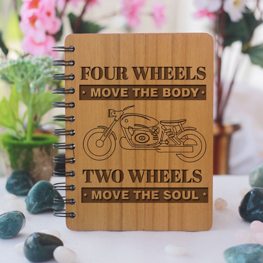 Four Wheels Move The Body, Two Wheels Move The Soul Wooden Notebook. A Personalized Notebook Journal For Bike Lovers. This Wooden Journal Is The Best Gift For Boyfriend and Husband