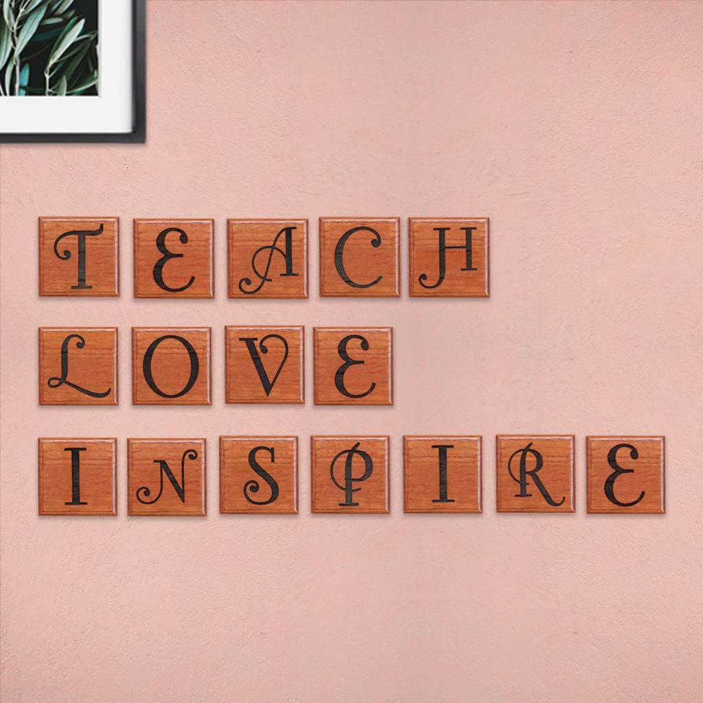 Teach Love Inspire Personalized Wooden Crossword Art & Scrabble Wall Art - These Wooden Letter Tiles Make One Of The Best Teacher Gifts - Looking For The Best Gifts For Teachers ? These Engraved Letter Wall Decor Online by Woodgeek Store Makes One Of The Best Gift Ideas For Teacher's Day And Birthday Gifts For Teachers And Professors.