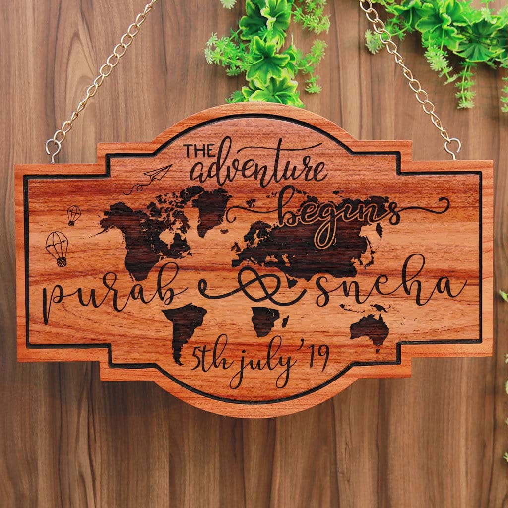 The Adventure Begins Hanging Wood Sign. These Custom Name Plates Will Make Great House Signs. This Is The Best Wedding Gift, Travel Gift, Graduation Gift and Best Personalized Gifts For Couples.