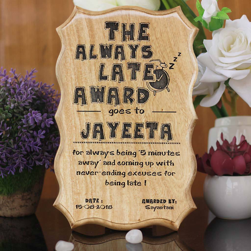 The Always Late Award Certificate - Late Kate Humorous Awards - Funny Employee Certificates - Wooden Custom Certificates by Woodgeek Store