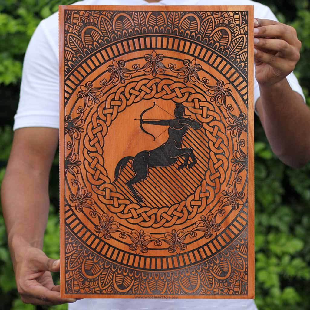 Sagittarius The Archer Carved Wooden Poster by Woodgeek Store - Zodiac Sign Wooden Artwork - Buy Wood Wall Art Decor Online 