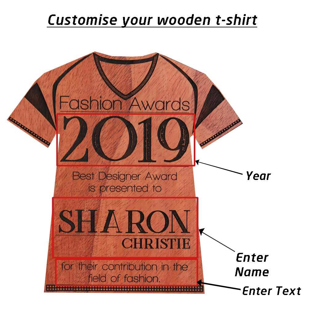 The Best Designer Wooden T-Shirt Award Plaque - This Personalized Trophy Award Makes One Of The Best Gifts For Designers - Shop More Fashion Awards Online From The Woodgeek Store.