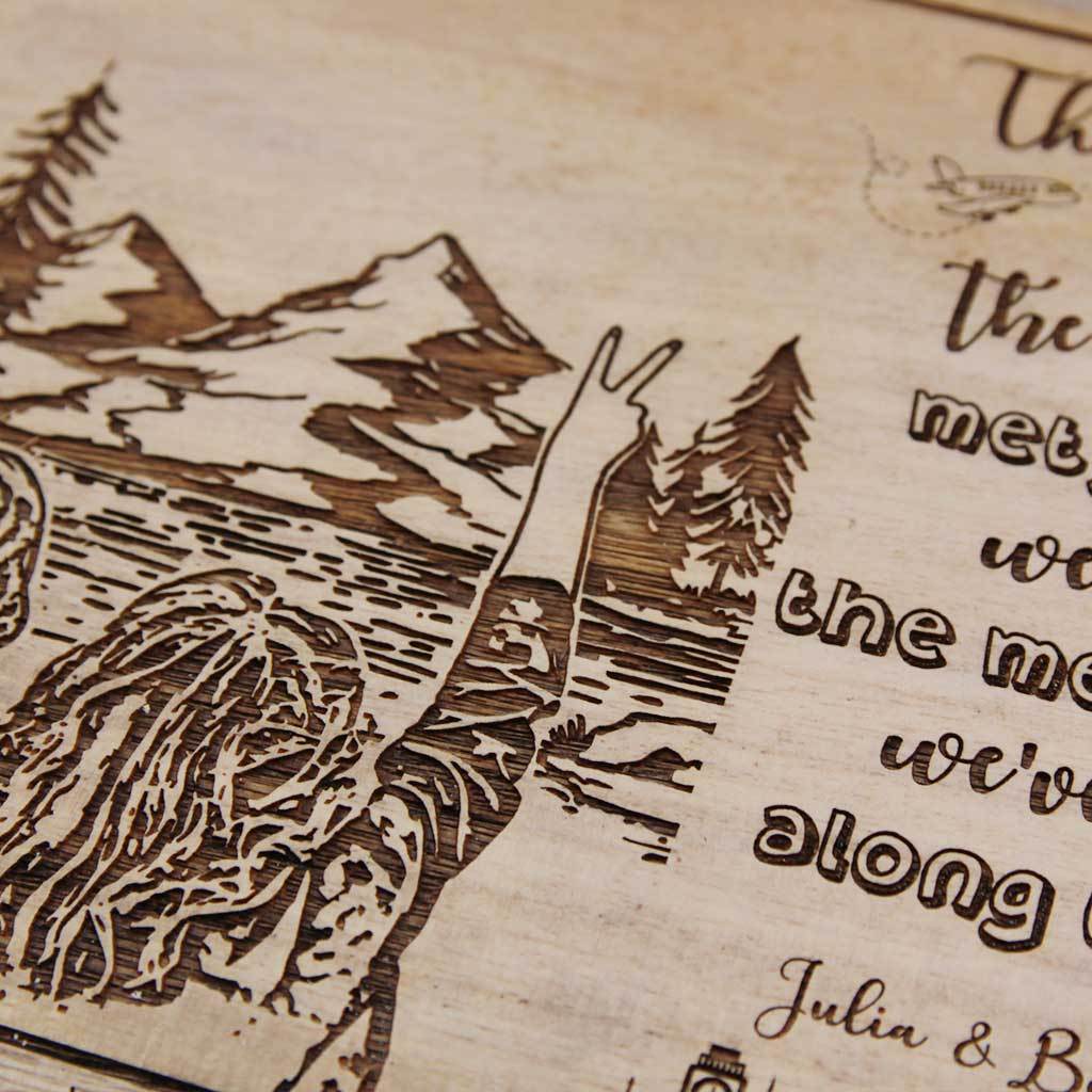 Wood Engraved Photo Of Your Travels Carved With Travel Quote The Best Things In Life Are The Friends We&#39;ve Met, The Places We&#39;ve Been And The Memories We&#39;ve Made Along The Way. This Photo On Wood Is The Best Travel Gift. This Custom Engraved Wooden Photo Frame Is Also A Great Friendship Day Gift. This Wooden Picture Frame Makes One Of The Best Personalized Gifts from Woodgeek Store