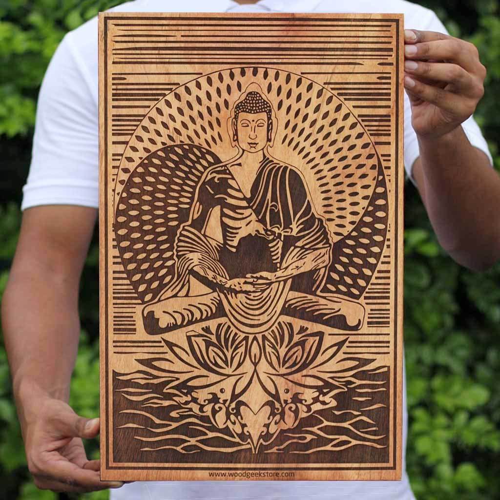 The Buddha Enlightenment Carved Wooden Poster by Woodgeek Store - Buddhism Wooden Artwork - Religious &amp; Spiritual Wood Wall Hanging - Buy Wood Wall Art Decor Online 