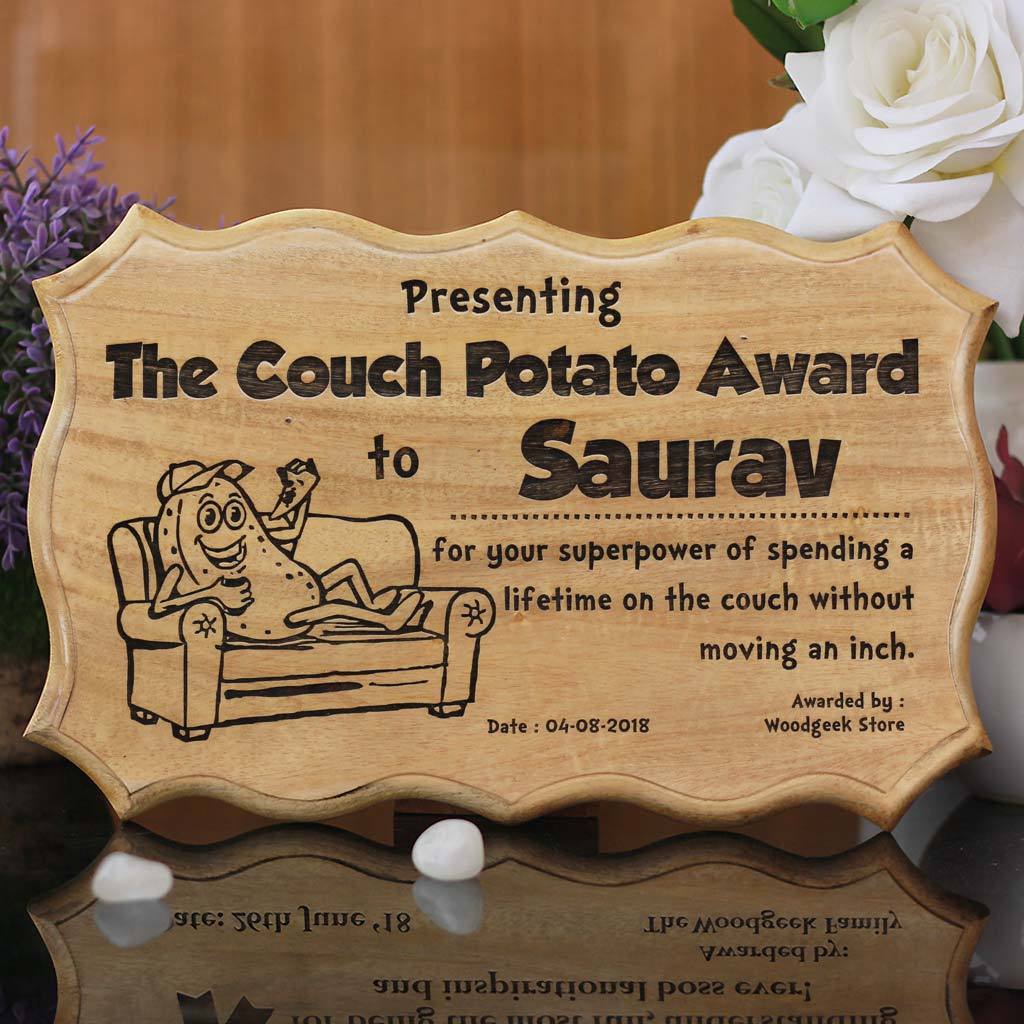The Couch Potato Award - Award for the laziest person - Funny Awards & Certificates - Humorous Certificates of Appreciation -  Funny Employee Awards - Funny Certificates for Friends - Woodgeek Store