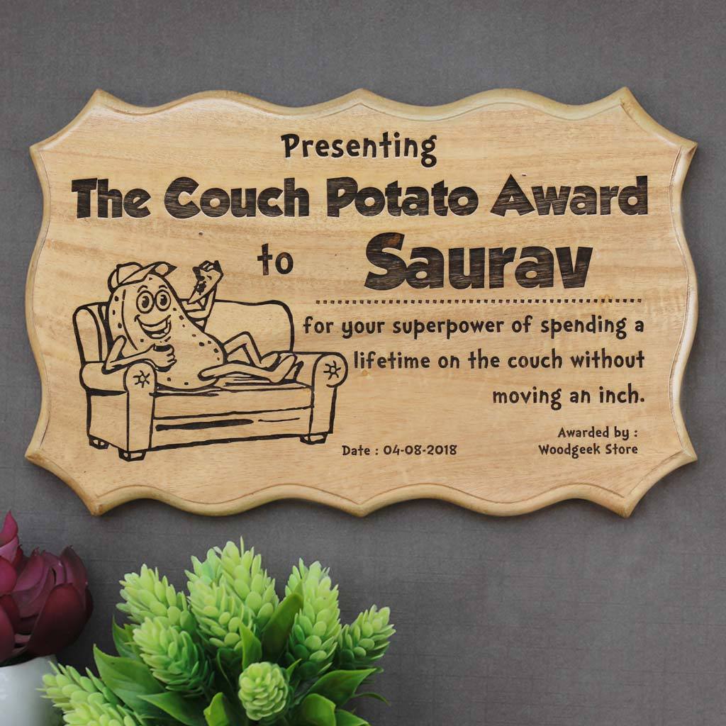 The Couch Potato Award - Award for the laziest person - Funny Awards & Certificates - Humorous Certificates of Appreciation -  Funny Employee Awards - Funny Certificates for Friends - Woodgeek Store