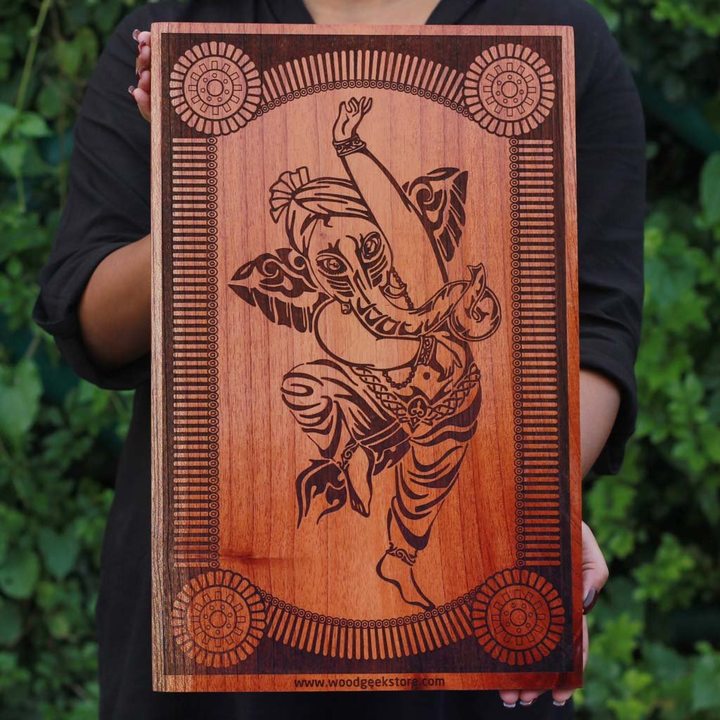 The Dancing Ganesha Carved Wooden Poster by Woodgeek Store - Hindu God Wooden Artwork - Indian God Ganesh Wood Wall Hanging - Buy Wood Wall Art Decor Online 