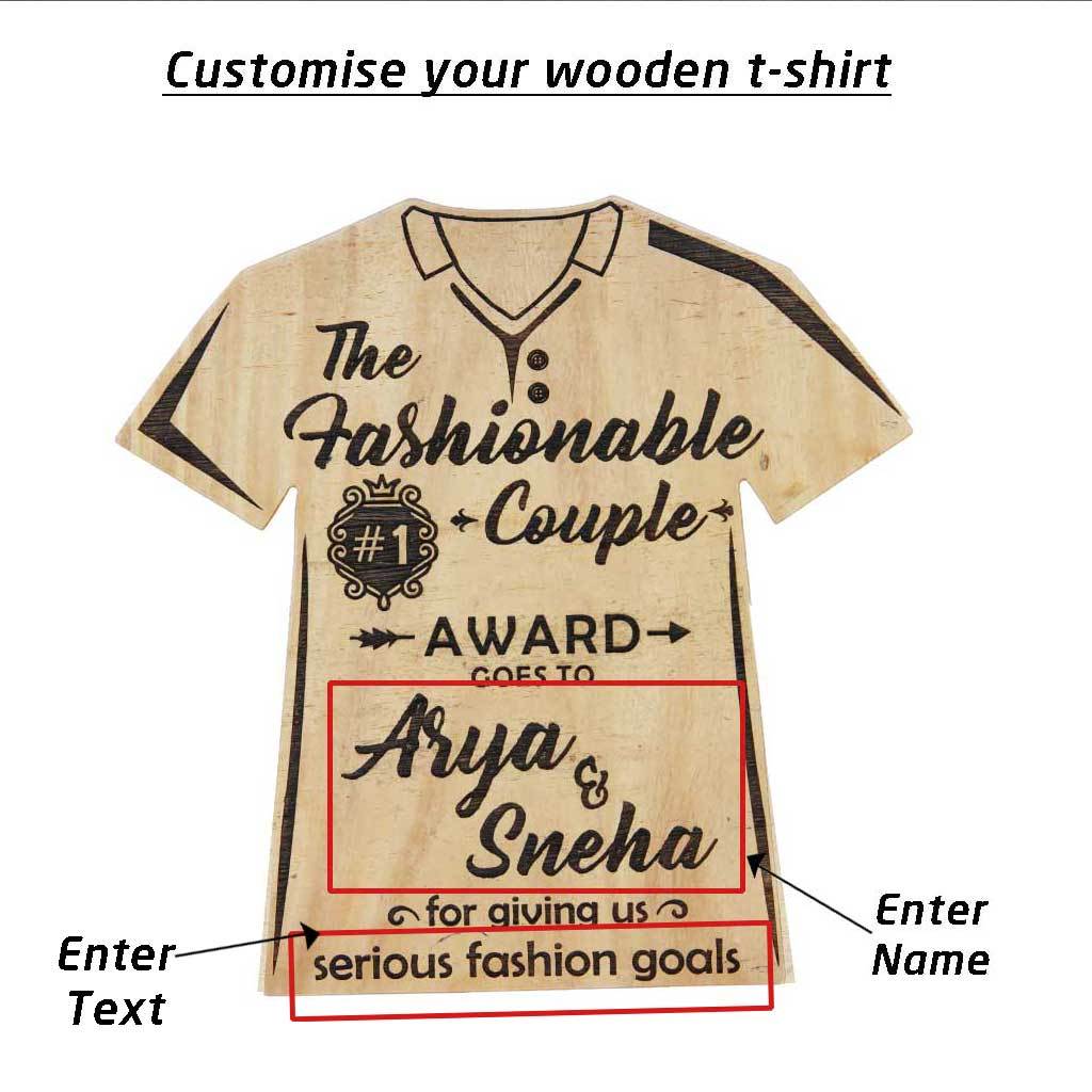 The Fashionable Couple Wooden T-Shirt Award Trophy - This Custom Engraved Wooden Plaque Makes One Of The Most Trendy Gifts For Fashion Lovers - Looking For Couple Awards ? Buy Personalized Gifts For Couples From The Woodgeek Store. 