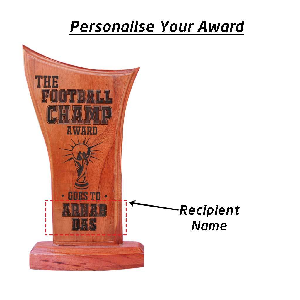 The Football Champ Wooden Football Trophy. Looking for personalised football gifts for friends? These sports trophies make special gift ideas for the football crazy friend.