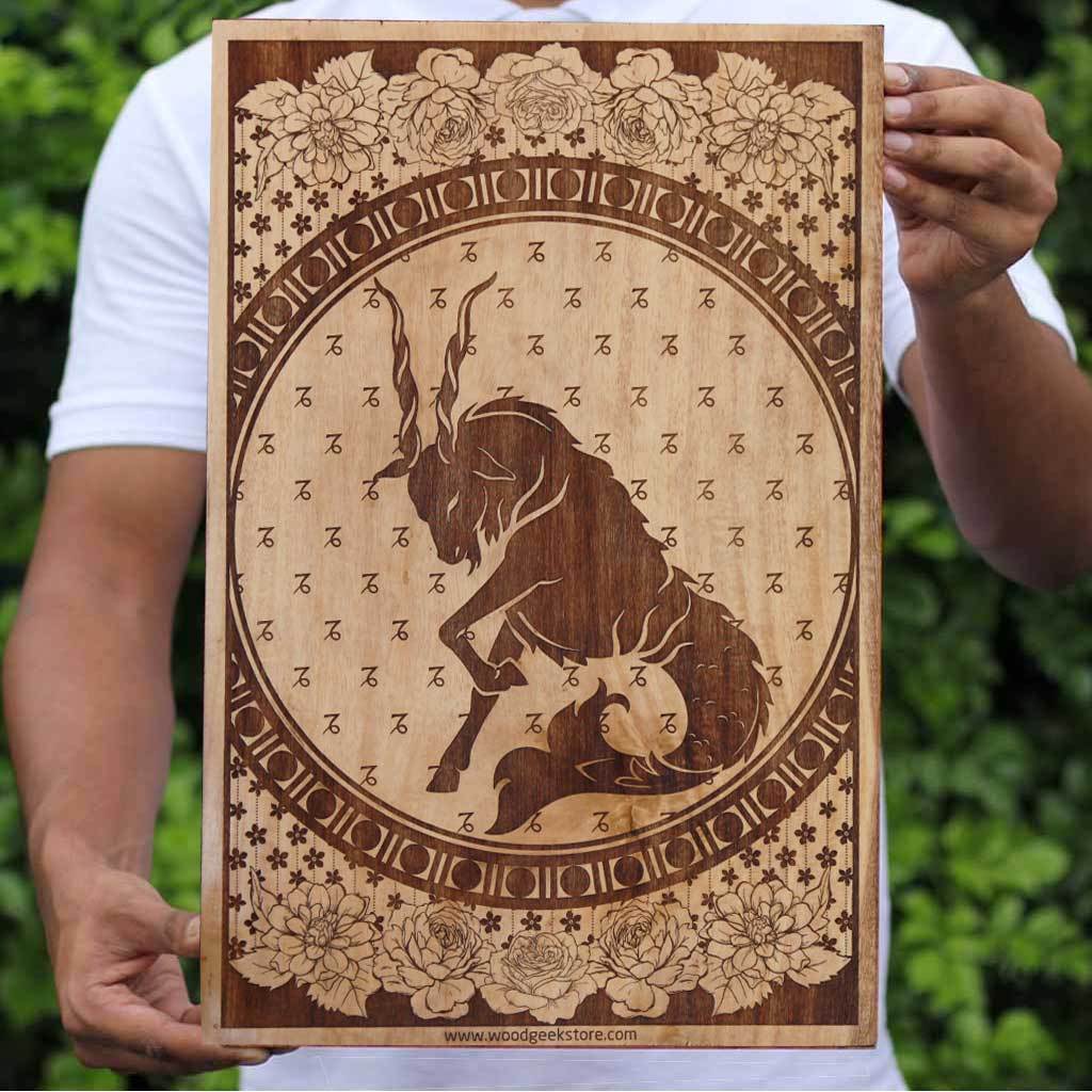 Capricorn The Goat Fish Carved Wooden Poster by Woodgeek Store - Zodiac Sign Wooden Artwork - Buy Wood Wall Art Decor Online 