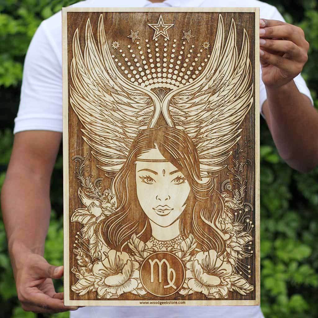 Virgo The Maiden Carved Wooden Poster by Woodgeek Store - Zodiac Sign Wooden Artwork - Buy Wood Wall Art Decor Online
