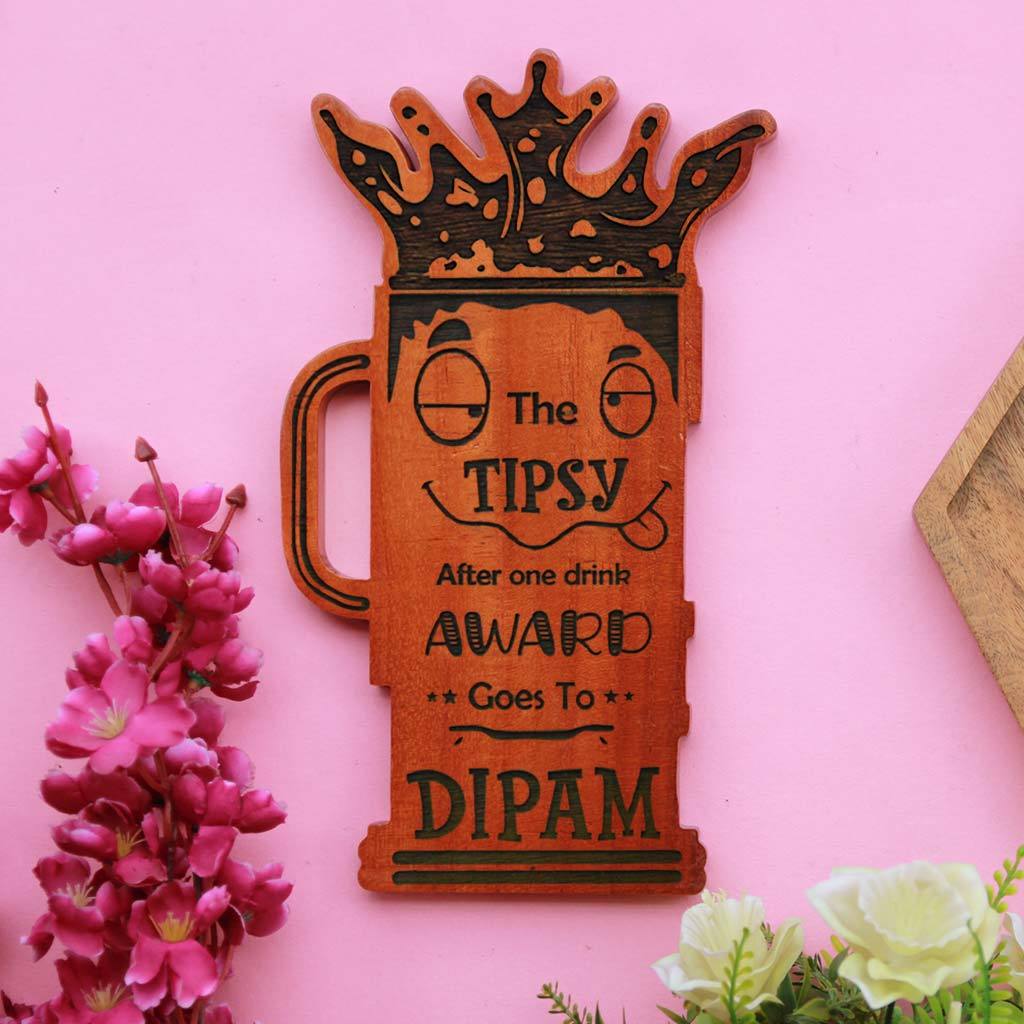 The Tipsy After One Drink Personalized Wooden Beer Glass Plaque. This Custom Trophy Makes One Of The Funniest Gifts For Friends. Looking For Unique Gift Ideas For Friends? These Funny Awards From The Woodgeek Store Make The Best Online Gifts For Friends.