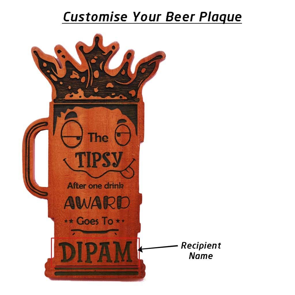 The Tipsy After One Drink Personalized Wooden Beer Glass Plaque. This Custom Trophy Makes One Of The Funniest Gifts For Friends. Looking For Unique Gift Ideas For Friends? These Funny Awards From The Woodgeek Store Make The Best Online Gifts For Friends.