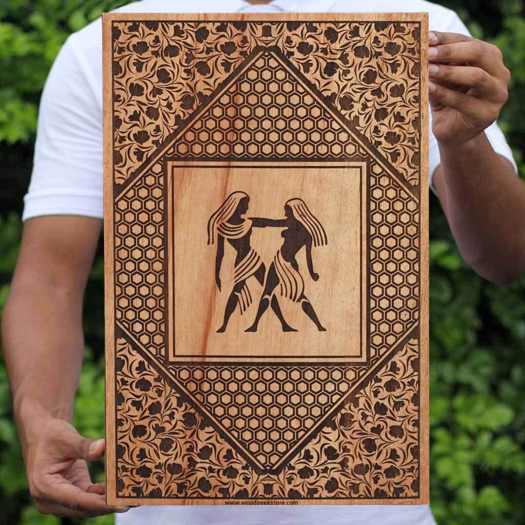 The Gemini Twins Carved Wooden Poster by Woodgeek Store - Zodiac Sign Wooden Artwork - Buy Wood Wall Art Decor Online 