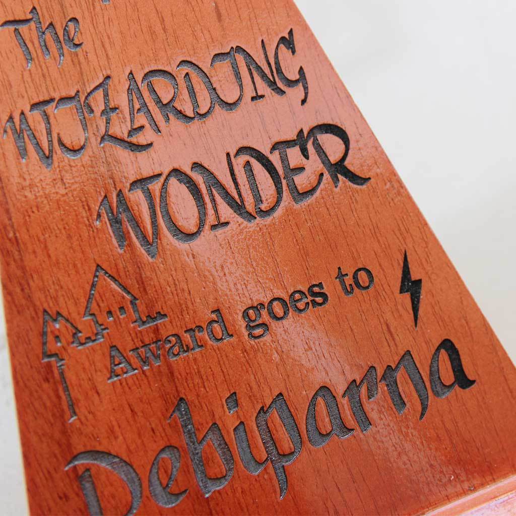 The Wizarding Wonder Star Trophy Awarded by The Ministry of Magic to the biggest Harry Potter fan. This is one of the best gifts for Harry Potter fans. Custom Trophies and awards are great personalized Harry Potter gifts for Potterheads.