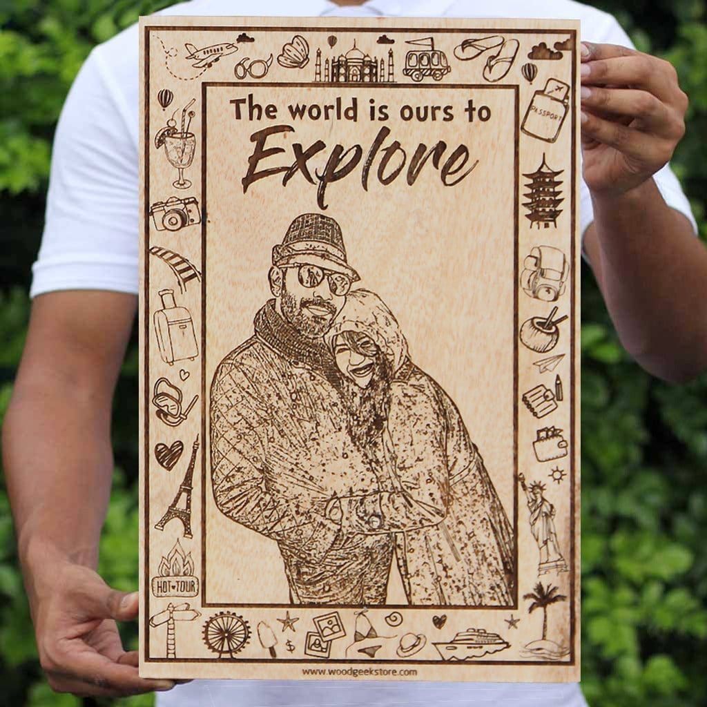 The world is ours to explore wooden poster. A wood engraved photo with a carved travel quote for the travel couple. This photo on wood is the best travel gift for someone who loves to travel.