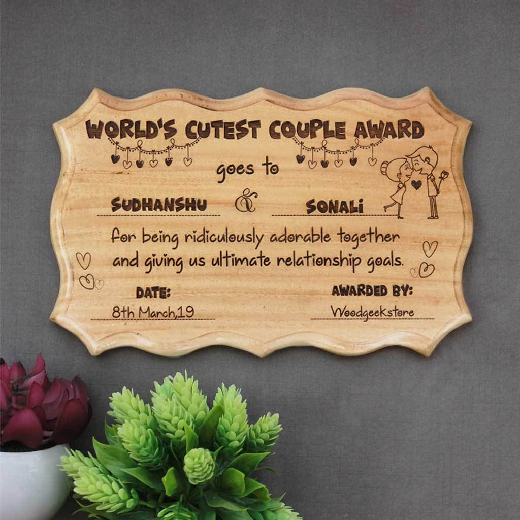 The World's Cutest Couple Award Certificate - This Personalized Award Plaque Makes Unique Gifts For Couples - Buy More Romantic Gifts For Boyfriend And Girlfriend Online From The Woodgeek Store