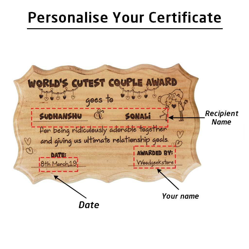 The World&#39;s Cutest Couple Award Certificate - This Personalized Award Plaque Makes Unique Gifts For Couples - Buy More Romantic Gifts For Boyfriend And Girlfriend Online From The Woodgeek Store