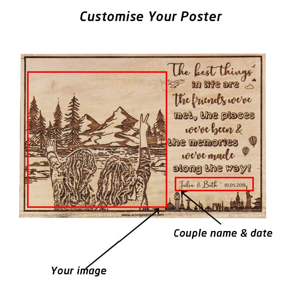 Wood Engraved Photo Of Your Travels Carved With Travel Quote The Best Things In Life Are The Friends We&#39;ve Met, The Places We&#39;ve Been And The Memories We&#39;ve Made Along The Way. This Photo On Wood Is The Best Travel Gift. This Custom Engraved Wooden Photo Frame Is Also A Great Friendship Day Gift. This Wooden Picture Frame Makes One Of The Best Personalized Gifts from Woodgeek Store