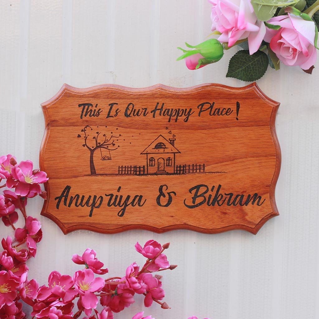 This Is Our Happy Place Custom Engraved Wood Sign - Personalized Wooden Plaques For Home - Door Nameplates For Home by Woodgeek Store