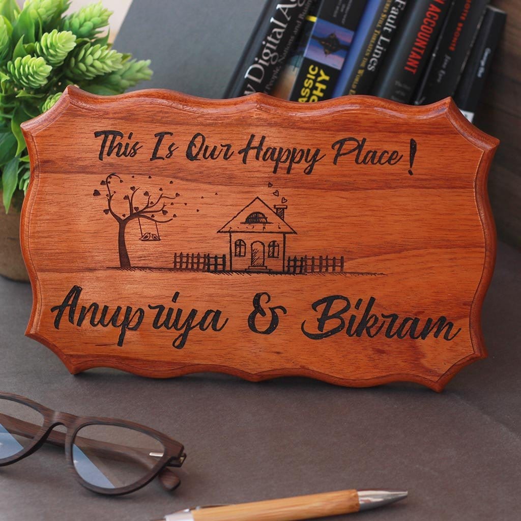 This Is Our Happy Place Custom Engraved Wood Sign - Personalized Wooden Plaques For Home - Door Nameplates For Home by Woodgeek Store